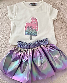 İkili Dondurmalı Bluz Hologramlı Tül Detaylı Takım