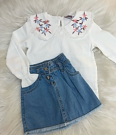 İkili Yaka nakışlı Bluz Jean Etek Takım