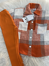 İkili Turuncu Odun Gömlek Fitilli Tayt Takım