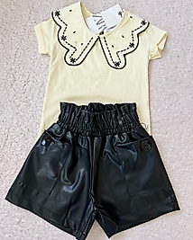 İkili Yaka Detay T-shirt  Deri Şort Takım
